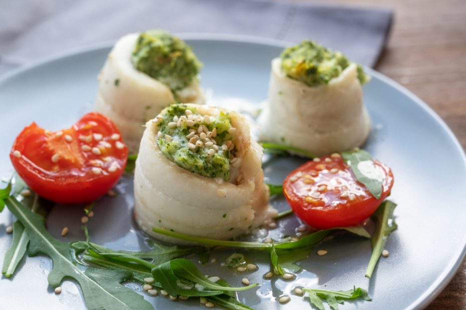 Fish Fillet Rolls Stuffed With Spinach, Arugula & Pine Nuts