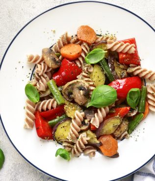 WHOLE WHEAT FUSILLI WITH GRILLED VEGETABLES AND MUSHROOM BROTH