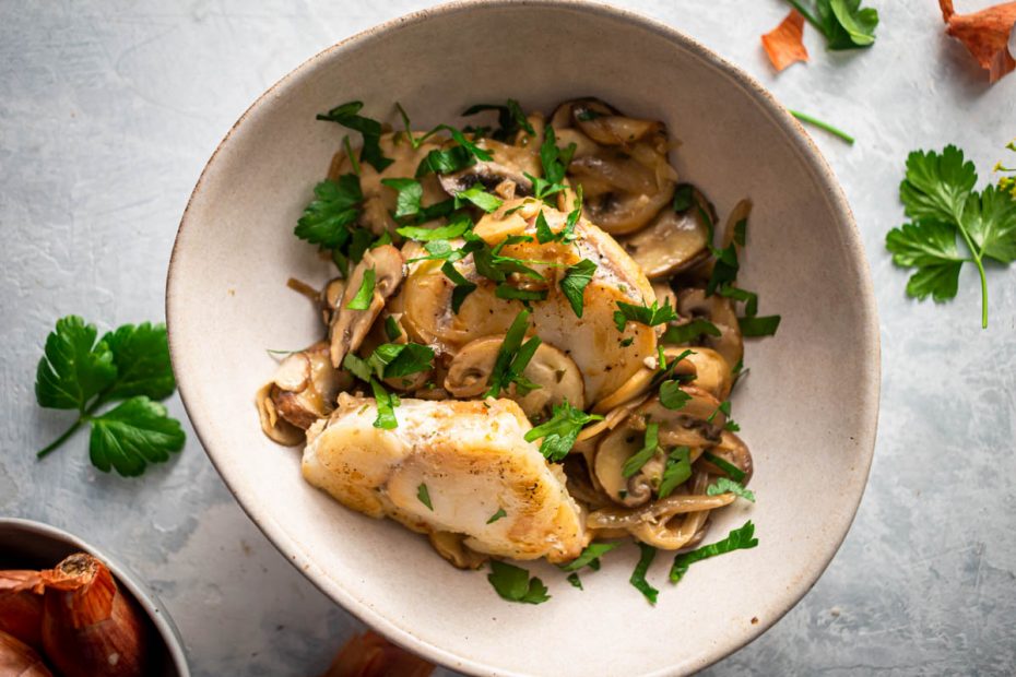 SAUTÉED MONKFISH WITH PORTOBELLO MUSHROOMS, SHALLOTS AND HERBS