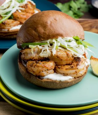 Grilled Shrimp Sandwiches with Greek Yogurt and Arugula-Cabbage Slaw