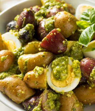 Warm Greek Potato Salad with Feta Cheese Pesto & Kalamata Olives