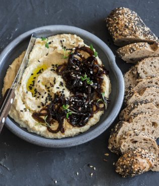 HUMMUS WITH MASTIHA AND CARAMELIZED ONIONS