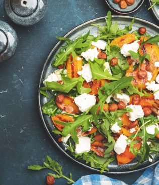 Grilled Peach Arugula Salad With Toasted Hazelnuts And Feta