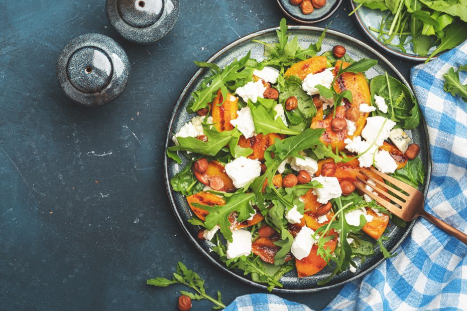 Grilled Peach Arugula Salad With Toasted Hazelnuts And Feta