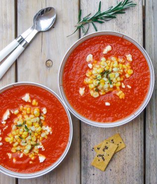 Roasted Red Pepper Soup with Corn & Feta Cheese