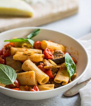 Rigatoni with Kalamata Olives, Capers, Eggplants and Manouri Cheese Rigatoni with Kalamata Olives, Capers, Eggplants and Manouri Cheese