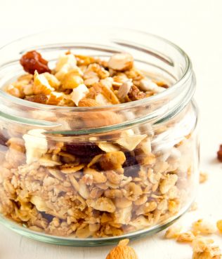 Homemade Granola With Almonds, Walnuts, Dried Cherries, Raisins, Prunes and Almonds