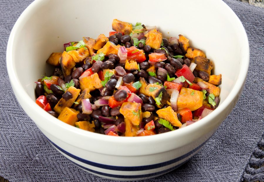 Black beans with sweet potatoes, tomatoes, red onions and cilantro.