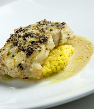 Monkfish With Chopped Olives And Lemon Saffron Rice