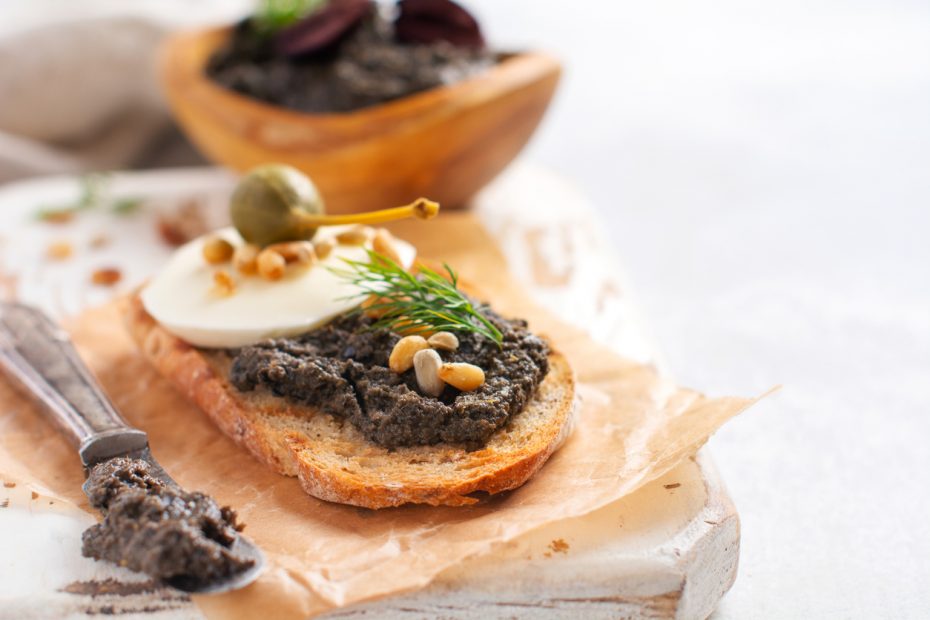 Bruschetta with Tapenade, Capers, Pine Nuts & Mozzarella