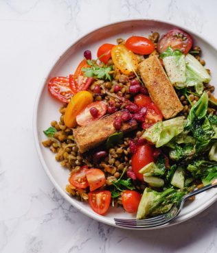 Lentil – Red Bean Salad with Crispy Cheese and Wilted Lettuce