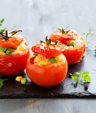 Greek Vegan Stuffed Tomatoes with Rice, Corn & Herbs
