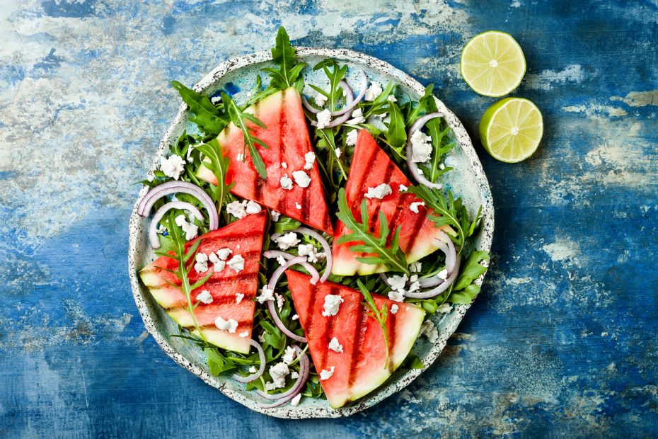 Grilled Watermelon with arugula and feta cheese