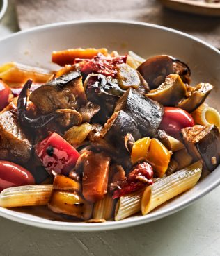 Greek Vegetarian Penne with Charred Eggplant, Tomatoes, and Extra Virgin Greek Olive Oil