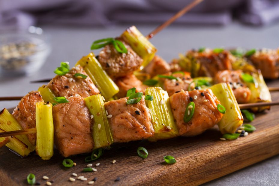 Salmon Leek Skewers With Sesame Seeds | Diane Kochilas