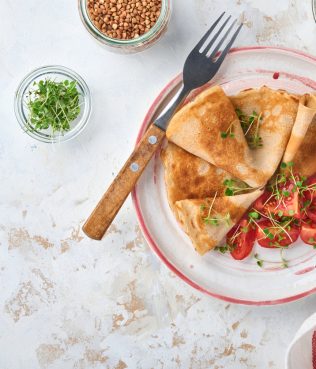 BUCKWHEAT CREPES WITH GOATS CHEESE & TOMATOES