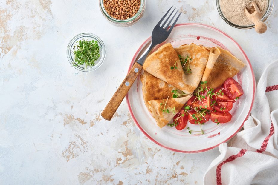 Buckwheat Crepes with goat cheese and tomatoes