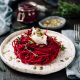 Beetroot spaghetti with cardamom and greek yogurt.