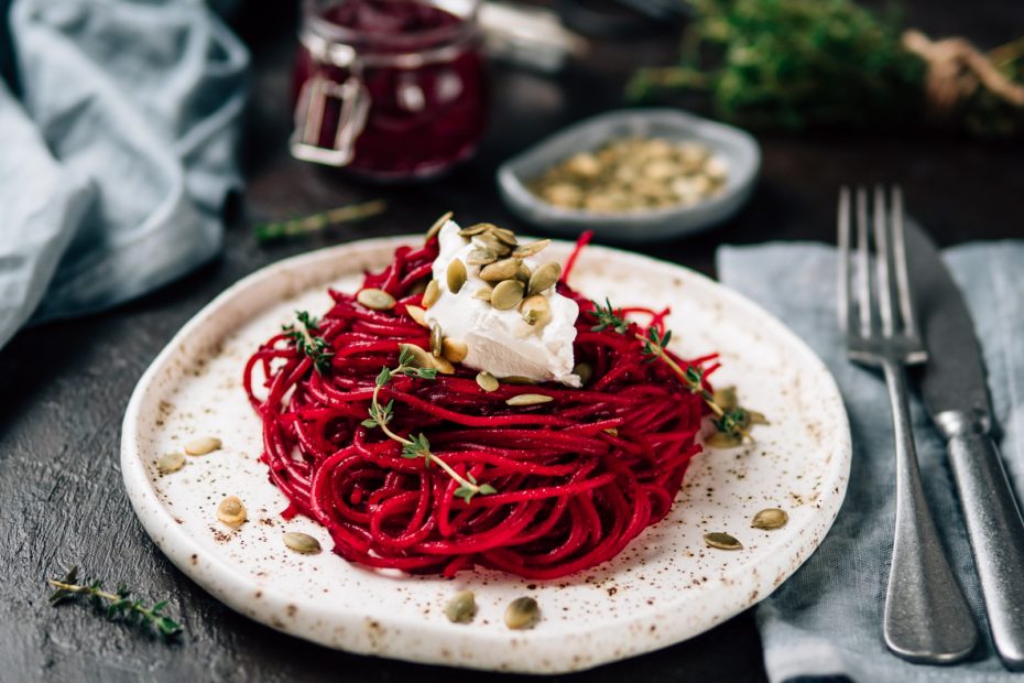 Beetroot spaghetti with cardamom and greek yogurt.