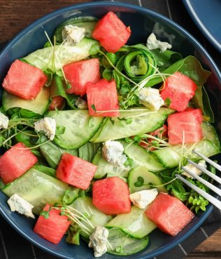 Greek Salad with Watermelon, Feta, Cucumbers and Arugula