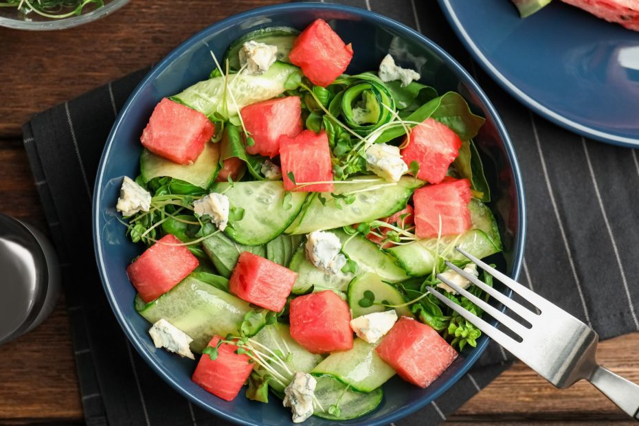 Greek Salad with Watermelon, Feta, Cucumbers and Arugula