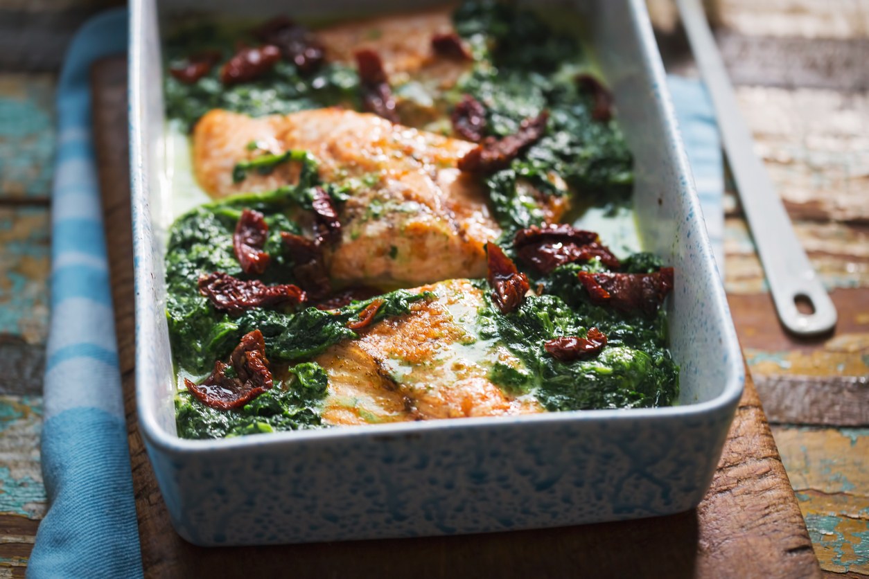 Mediterranean-Style Salmon with Greens and Sun-Dried Tomatoes