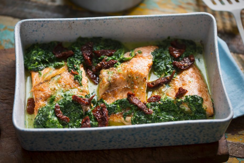 Pan seared salmon with spinach and sundried tomatoes