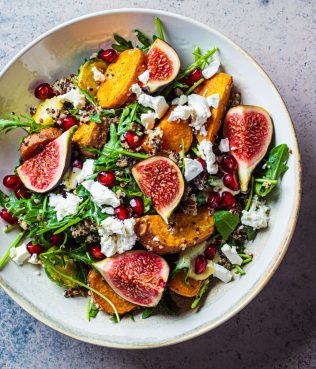 Greek Salad with Figs, Tomatoes, Olives, Feta and Arugula