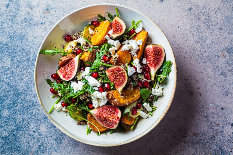 Greek Salad with Figs, Tomatoes, Olives, Feta and Arugula