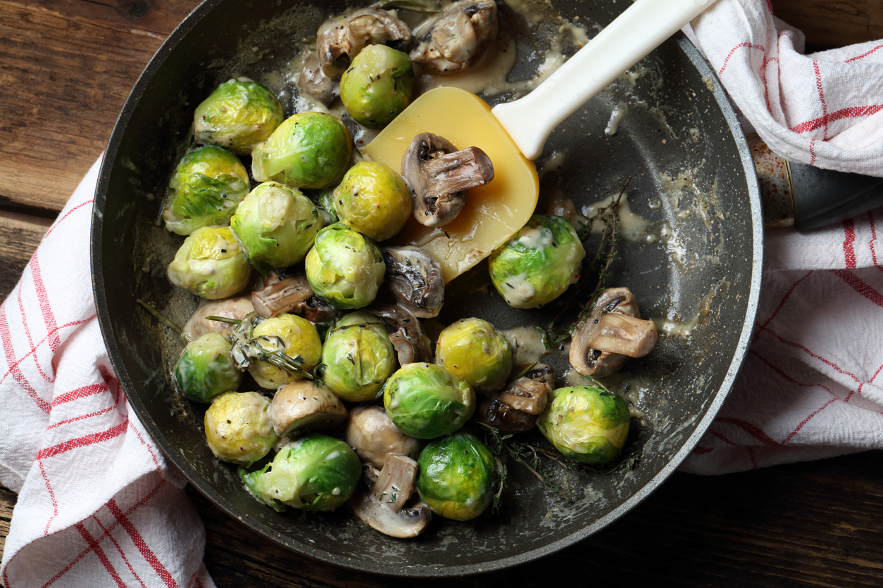 Brussel Sprouts With Mushrooms & Light Feta Cream Sauce