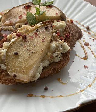 Pear Crostini with Mashed Feta and Greek Honey