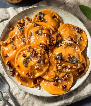 Butternut Squash Ravioli with Feta, Hazelnuts & Sage