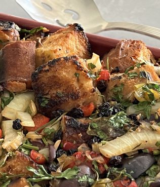 Ciabatta Bread Stuffing with Leeks, Figs, Kalamata Olives & Roasted Red Peppers