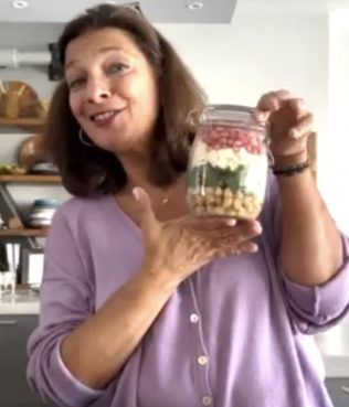 Greek Salad in a Jar with Chickpeas, Spinach, Feta and Pomegranate