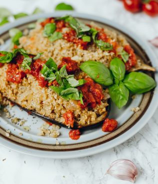 VEGAN STUFFED EGGPLANT WITH BULGUR, BASIL & TOMATOES