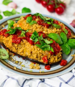 Eggplant Stuffed With Bulgur, Onions, Garlic, Tomatoes, Basil