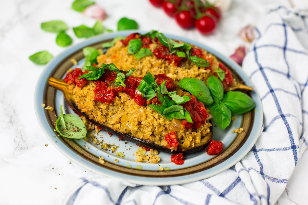 Eggplant Papoutsakia with Bulgur, Tomatoes and Herbs-image