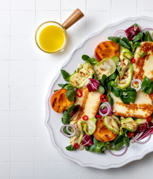Grilled Apricot And Zucchini Salad With Halloumi And Mustard Dressing