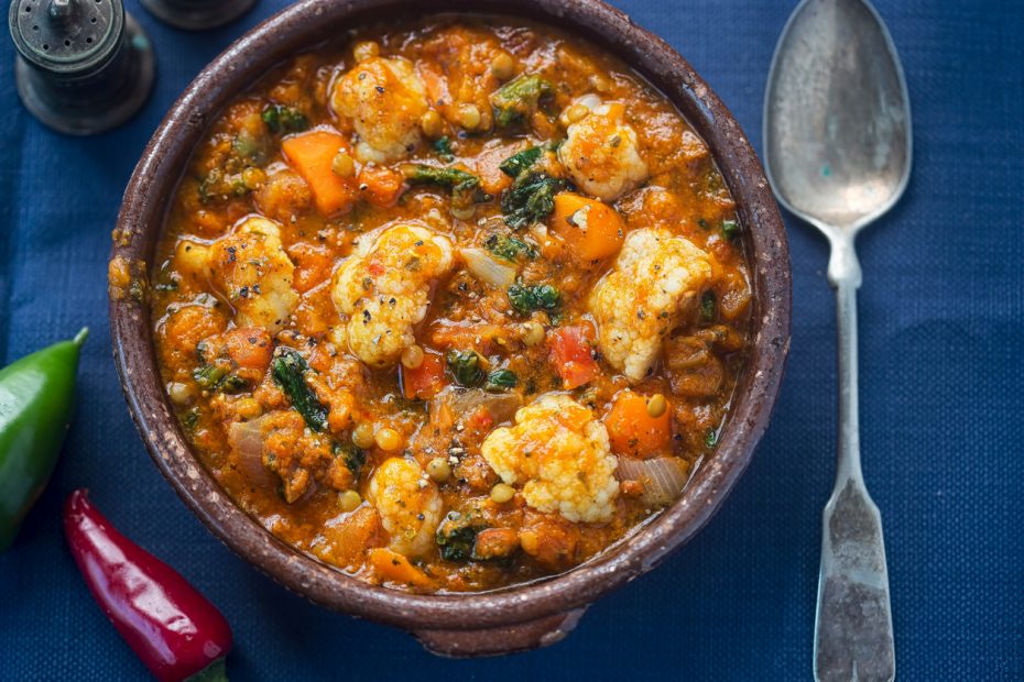 Spicy red lentils with cauliflower and butternut squash.