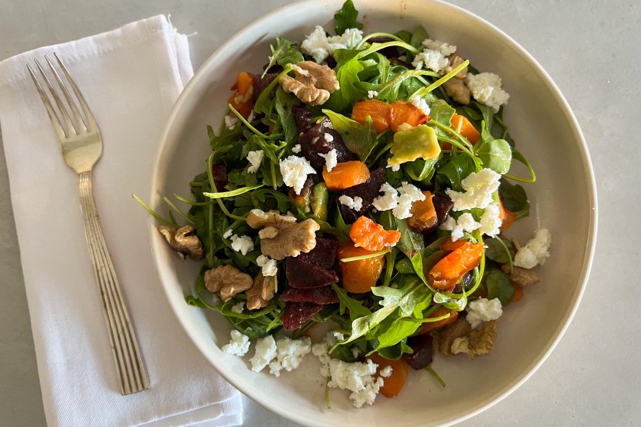 Arugula Salad with Roasted butternut squash, feta and walnuts