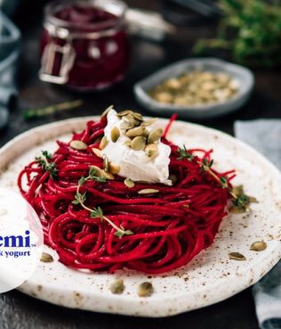 Whole Wheat Spaghetti With Beets, Meltemi Greek Yogurt And Spices