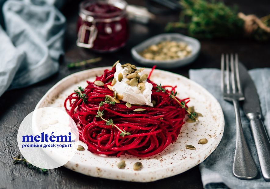 Whole Wheat Spaghetti With Beets, Greek Yogurt And Spices