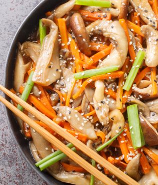 Mediterrasian Stir-Fry With Shiitake, Oyster Mushrooms, Hot Peppers, And Soy Sauce