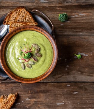 Creamy Broccoli Soup with Greek Yogurt, Ouzo, Ginger and Pumpkin Seeds