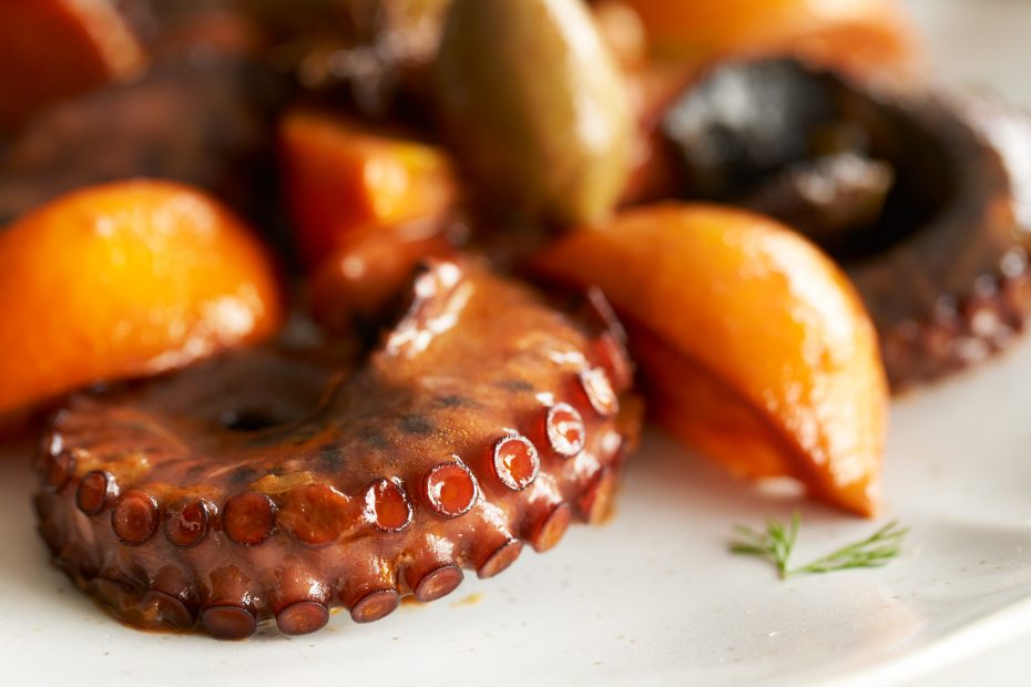 Recipe for Octopus with orange and olives by greek chef Diane Kochilas.