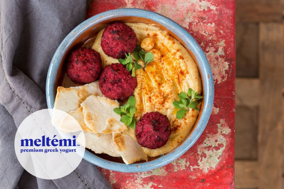 Beetroot falafel with greek yogurt hummus.