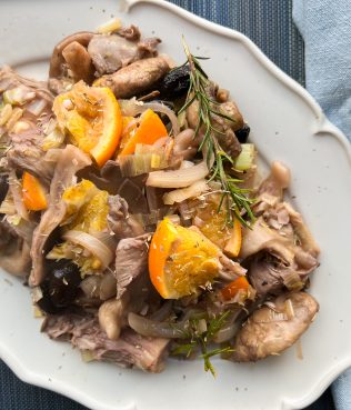 Braised Mixed Mushrooms with Wrinkled Olives and Orange