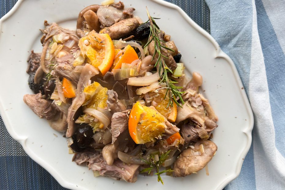 Braised Mixed Mushrooms with Wrinkled Olives and Orange