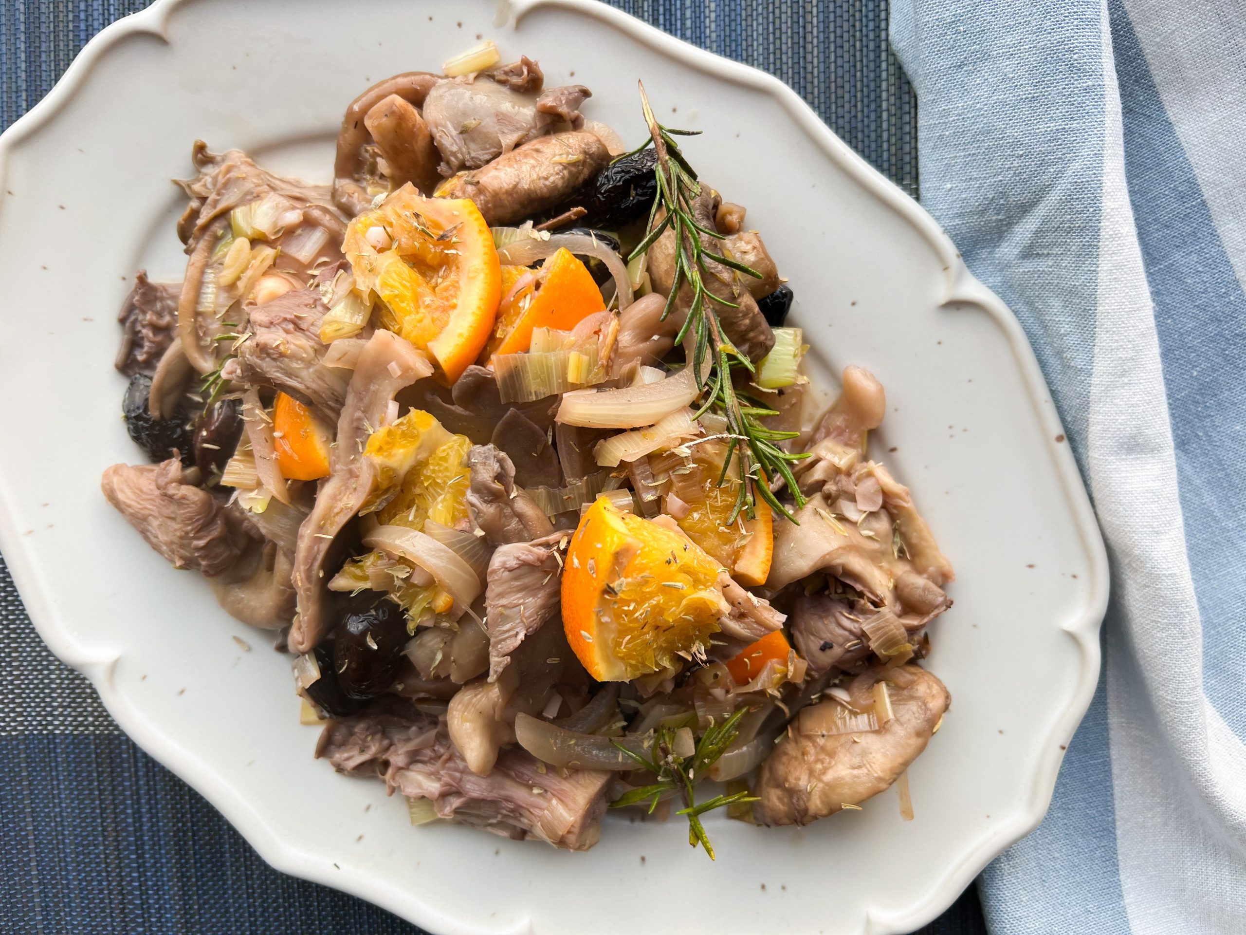 Braised Mixed Mushrooms with Wrinkled Olives and Orange