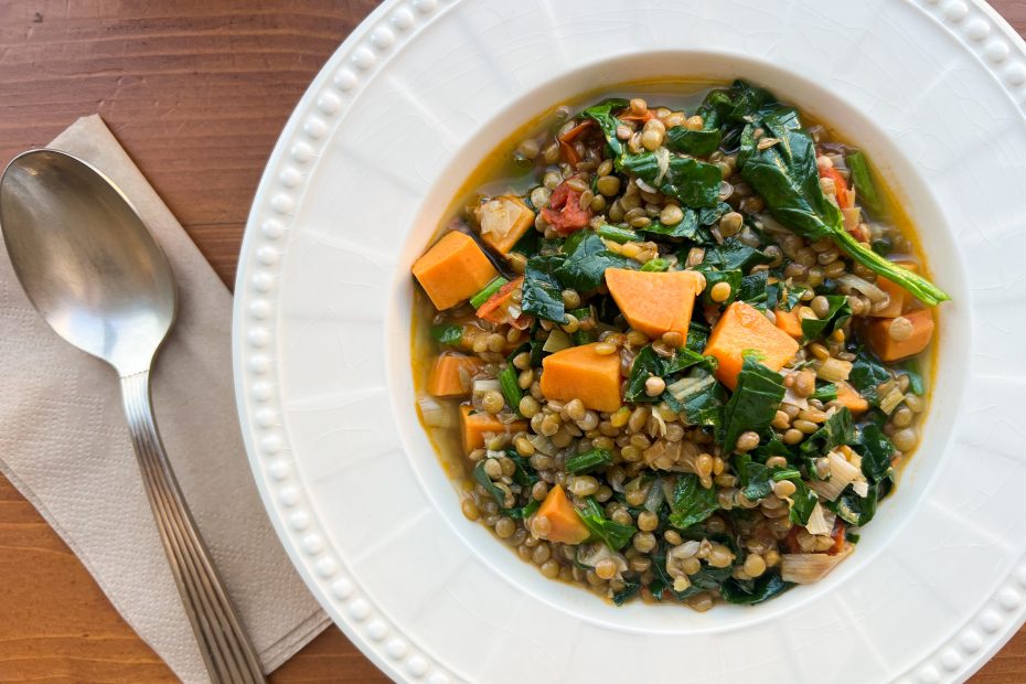 Lentil Soup with Sweet potatoes, Spinach and sage. A recipe by Diane Kochilas.